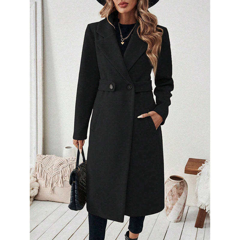 Women's Notch Lapel Trench Coat, Single Breasted Mid-Long Casual Formal Outerwear For Fall Winter