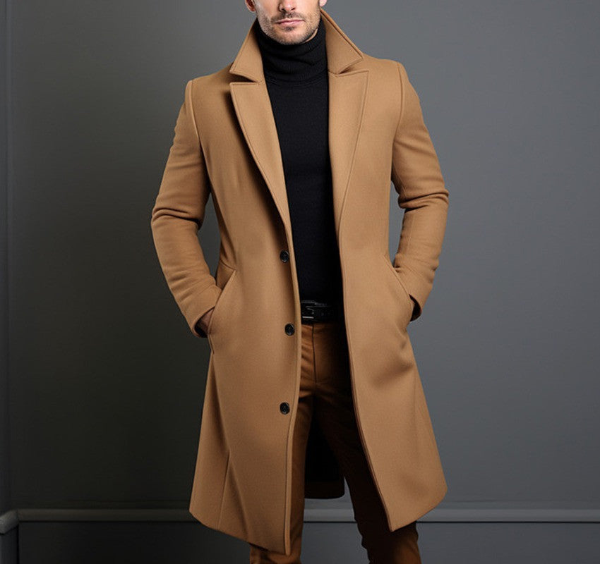 Men's Mid-length Trench Coat Fall Winter Slim Pockets Single-breasted Collar Jacket Casual Business Comfortable Overcoat Clothing