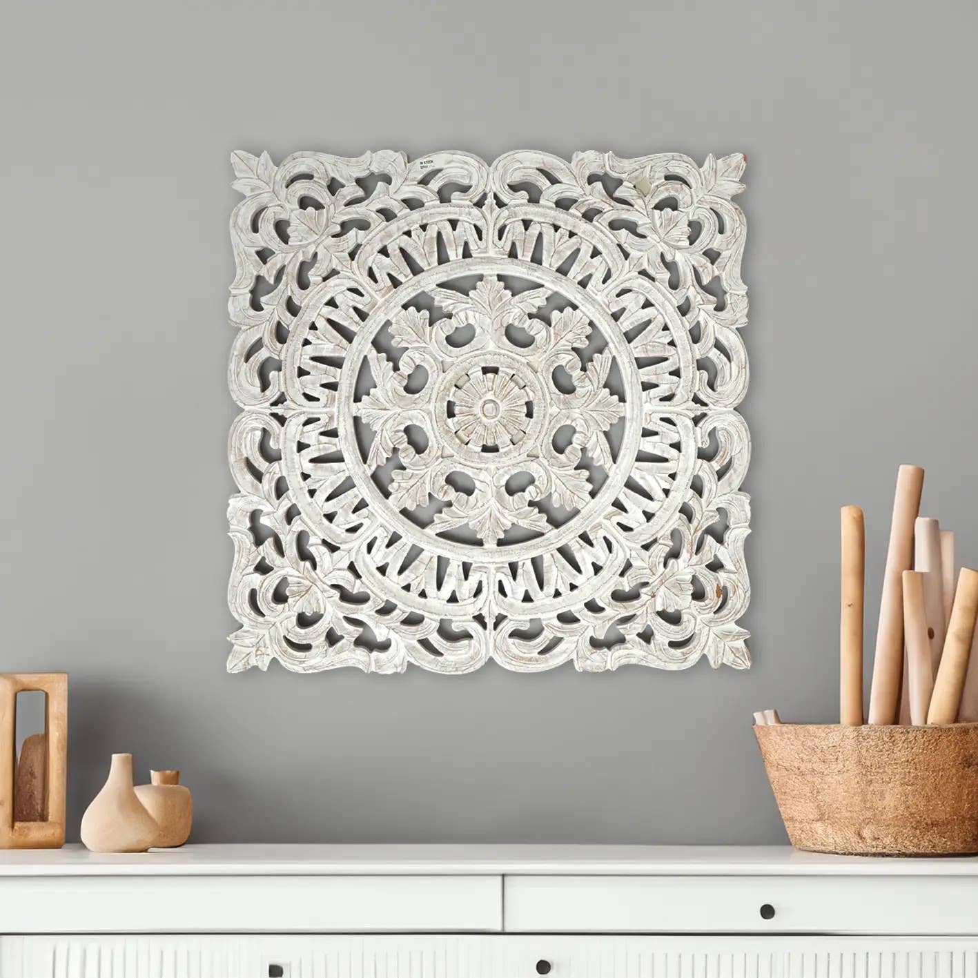 White Square Shape Handcrafted Wooden Wall Decor Elegant Home Accent