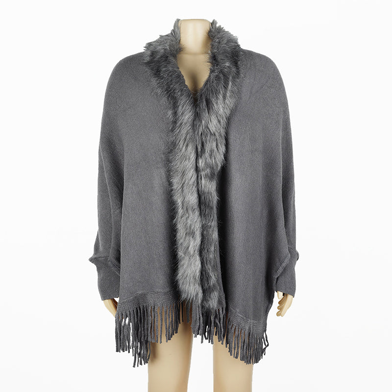 Women's Faux Fur Trim Cardigan Coat - Fringe Hem Layer Poncho For Fall & Winter